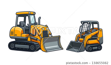 A set of illustrations of construction machinery (bulldozer and skid steer loader) A set of illustrations of construction machinery (bulldozer and skid steer loader) 138655082