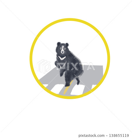 An illustration of a bear crossing a pedestrian crossing in a yellow circular frame (wildlife/road scene) 138655119