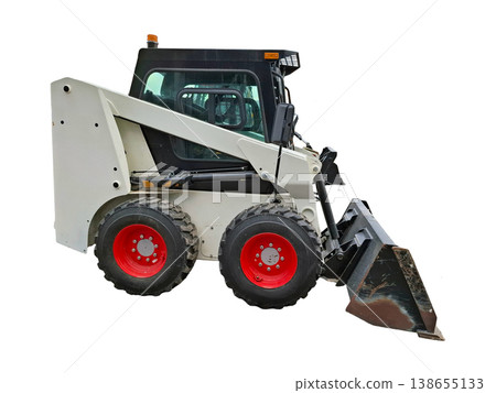 A compact skid steer loader with a heavy duty bucket in a studio setting. The machine features red wheel rims and a straightforward design for work tasks. A compact skid steer loader with a heavy duty bucket in a studio setting. The machine features red wheel rims and a straightforward design for work tasks. 138655133