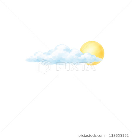 Watercolor illustration of clouds and sun, hand-drawn style, sky background. 138655331