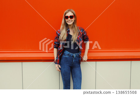 happy young woman with red sunglasses, smiling girl in the city 138655508