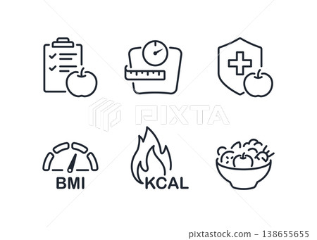 Comprehensive Healthy Lifestyle and Nutrition Icon Set stock illustration. Comprehensive Healthy Lifestyle and Nutrition Icon Set stock illustration. 138655655