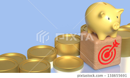 Golden Piggy Bank on Growth Coins Financial Investment Concept 3d render. Golden Piggy Bank on Growth Coins Financial Investment Concept 3d render. 138655691