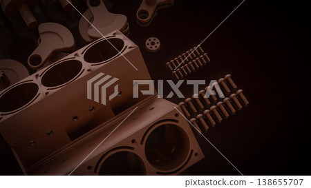 Engine Cylinder Block And Pistons Mechanical Parts 3d render. 138655707