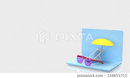 Summer Vacation Concept With Laptop Beach Scene 3d render. Summer Vacation Concept With Laptop Beach Scene 3d render. 138655713