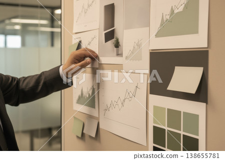 Business planning board with charts and color swatches for strategy review Business planning board with charts and color swatches for strategy review 138655781