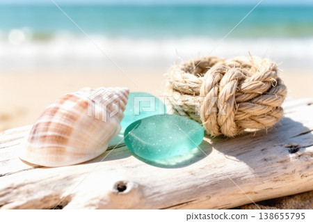 Seashell and sea glass on sunlit driftwood with knotted rope by the beach Seashell and sea glass on sunlit driftwood with knotted rope by the beach 138655795