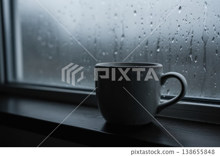 Mug on windowsill with rain-streaked glass and moody low-light atmosphere 138655848