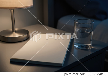 Blank notebook and glass of water on bedside table lit by warm lamp light 138655849