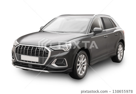Modern dark grey SUV isolated on a white background. Premium luxury crossover vehicle shown in three-quarter front view. Perfect for automotive and dealership design concepts. Modern dark grey SUV isolated on a white background. Premium luxury crossover vehicle shown in three-quarter front view. Perfect for automotive and dealership design concepts. 138655978