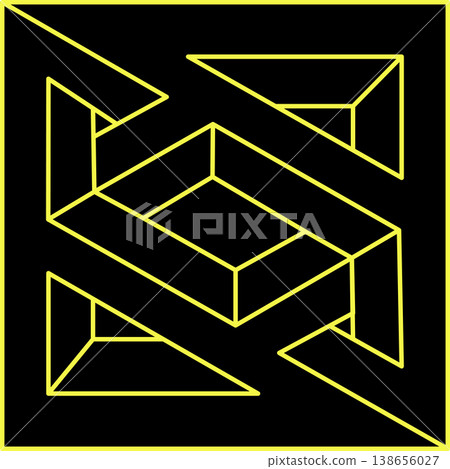 Optical illusion shape, impossible figure, yellow lines on a black background, optical art object. Geometry.  138656027
