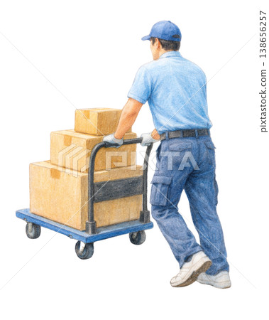 Cutout illustration of a moving worker carrying cardboard boxes on a trolley. Cutout illustration of a moving worker carrying cardboard boxes on a trolley. 138656257