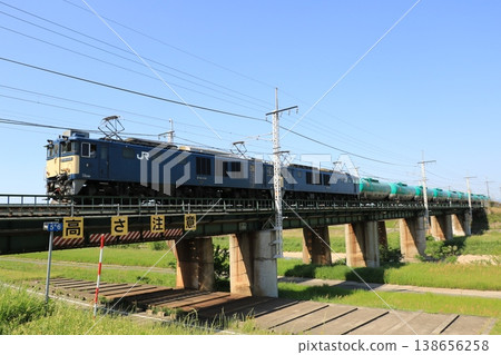 A double-headed freight train crossing the Yadagawa Bridge A double-headed freight train crossing the Yadagawa Bridge 138656258