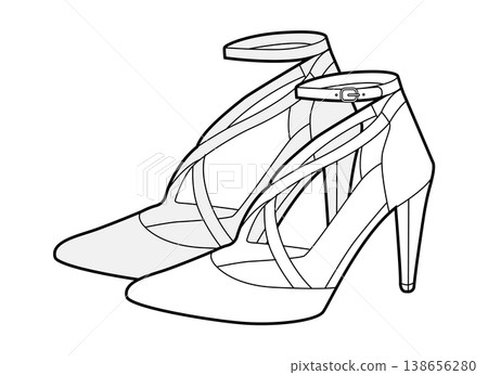 Ankle strap stiletto shoe women sketch pair. Strappy dress sandal shoe for party, wedding, evening outfit. Ankle strap stiletto shoe women sketch pair. Strappy dress sandal shoe for party, wedding, evening outfit. 138656280