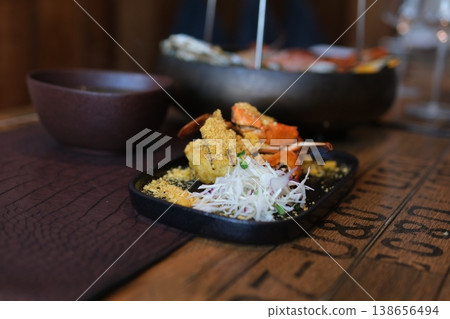 Delicious seafood pasta spaghetti with shrimps dish garnished with lemon and parsley  138656494