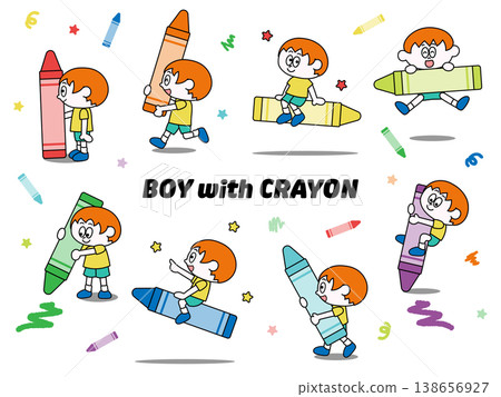 一組可愛的兒童玩蠟筆的插畫（男孩） 138656927