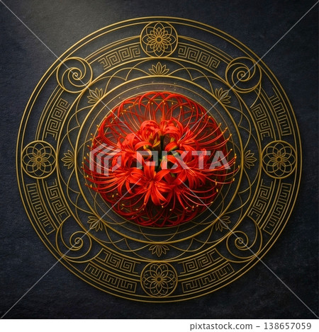 Spider lilies and a golden geometric magic circle: A mystical, modern Japanese eye-catching background (dark slate/gold) Spider lilies and a golden geometric magic circle: A mystical, modern Japanese eye-catching background (dark slate/gold) 138657059