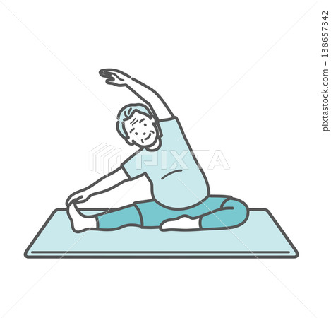 An illustration of a slightly overweight senior man smiling and doing side stretches. An illustration of a slightly overweight senior man smiling and doing side stretches. 138657342