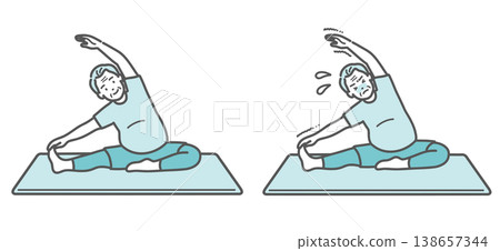 A set of comparative illustrations showing a slightly overweight senior man performing a side stretch. A set of comparative illustrations showing a slightly overweight senior man performing a side stretch. 138657344
