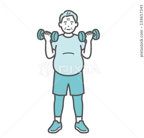 An illustration of a slightly overweight senior man smiling while doing dumbbell training. An illustration of a slightly overweight senior man smiling while doing dumbbell training. 138657345