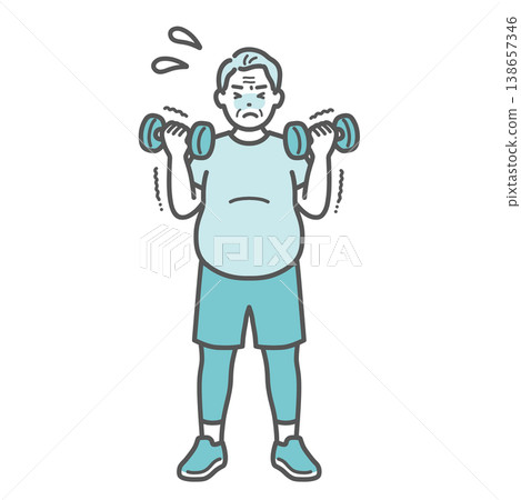 An illustration of a chubby senior man struggling with dumbbell training. An illustration of a chubby senior man struggling with dumbbell training. 138657346