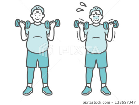 A comparison set of illustrations showing a slightly overweight senior man doing dumbbell training. A comparison set of illustrations showing a slightly overweight senior man doing dumbbell training. 138657347