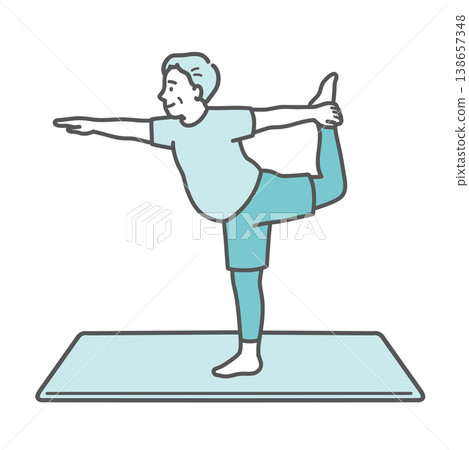 An illustration of a chubby senior man smiling and striking a yoga dancer pose. 138657348