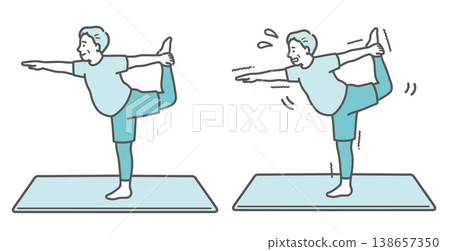 A set of comparative illustrations of a chubby senior man performing yoga dancer poses. A set of comparative illustrations of a chubby senior man performing yoga dancer poses. 138657350