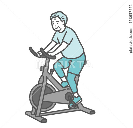 An illustration of a slightly overweight senior man smiling while riding a fitness bike. An illustration of a slightly overweight senior man smiling while riding a fitness bike. 138657351