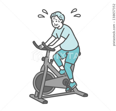 一幅插圖，描繪了一位身材矮胖的老先生在騎健身自行車時吃力地蹬著，汗流浹背。 138657352