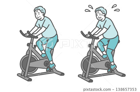 一組對比插圖，描繪了一位略微超重的老年男子騎健身自行車的情景。 138657353