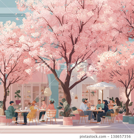 春天，人們在公園的櫻花樹下交談（插圖） 138657356
