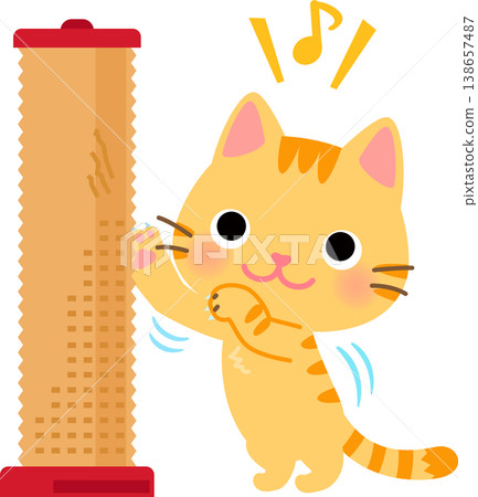 一隻虎斑貓正在柱狀貓抓柱上磨爪子。 138657487