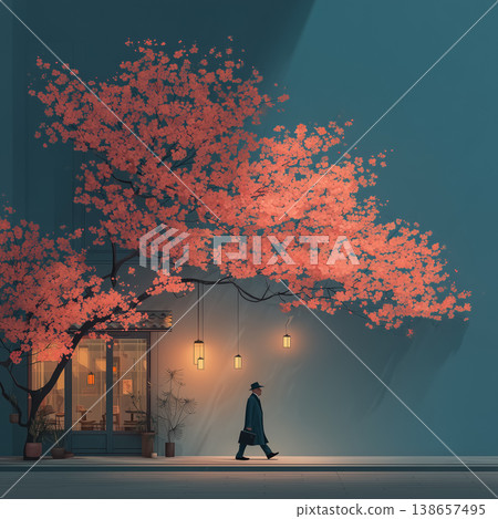 夜晚，路燈照亮了櫻花盛開的街道，一個人正漫步其間。畫面中還有月亮和春日景色。 138657495