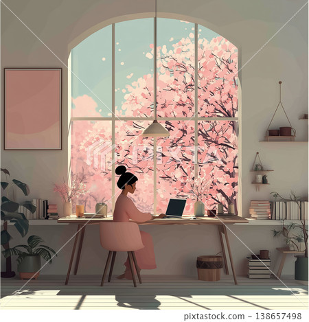 一位女子在窗邊讀書，櫻花盛開，春天，室內，插圖。 138657498