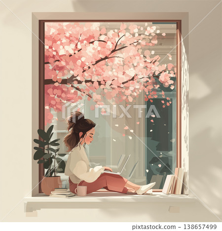一位女子在窗邊讀書，櫻花盛開，春天，室內，插圖。 138657499