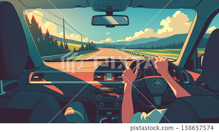 這張以駕駛為主題的插圖，捕捉了車內視角，生動逼真地展現了駕駛緊握方向盤的雙手和眼前展開的風景。 138657574