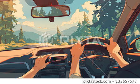 這張以駕駛為主題的插圖，捕捉了車內視角，生動逼真地展現了駕駛緊握方向盤的雙手和眼前展開的風景。 138657575