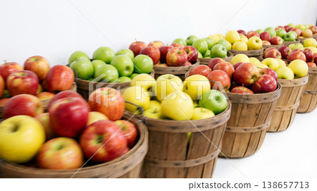 Rows of wooden baskets filled with fresh apples in various colors and varieties food production side by side fruit stand food storage agriculture seasonal shopping abundance collection Rows of wooden baskets filled with fresh apples in various colors and varieties food production side by side fruit stand food storage agriculture seasonal shopping abundance collection 138657713