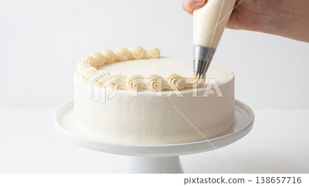 Baker piping frosting on a white cake using a piping bag with white background food photography pastry chef food art sweet treat decorating frosting confectionery homemade celebration Baker piping frosting on a white cake using a piping bag with white background food photography pastry chef food art sweet treat decorating frosting confectionery homemade celebration 138657716