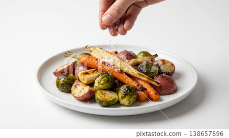 Hand sprinkling seasoning on a plate of roasted vegetables with brussels sprouts side dish vegetables potatoes seasoning vegeterian appetizer delicious appetizing nutrition vitamins Hand sprinkling seasoning on a plate of roasted vegetables with brussels sprouts side dish vegetables potatoes seasoning vegeterian appetizer delicious appetizing nutrition vitamins 138657896