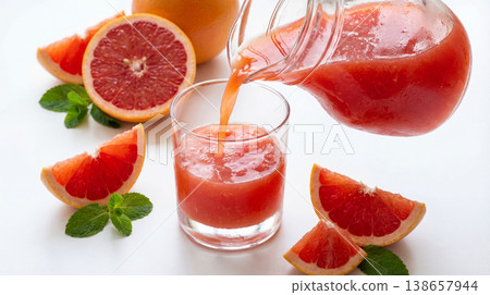 Fresh grapefruit juice being poured from a pitcher into a glass with sliced grapefruits and mint leaves vitamin c food and drink grapefruit refreshing beverage breakfast vitamin c refreshment Fresh grapefruit juice being poured from a pitcher into a glass with sliced grapefruits and mint leaves vitamin c food and drink grapefruit refreshing beverage breakfast vitamin c refreshment 138657944