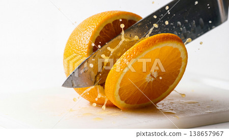 Knife slicing through a fresh orange releasing juice vitamin c cutting board splashing vitamin c refreshing beverage ingredient movement droplets background nutrition 138657967