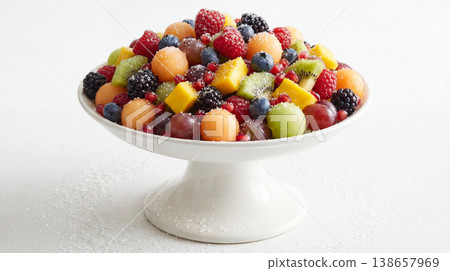 A white pedestal bowl overflowing with a and colorful assortment of fresh mixed fruits berries melon grapes, a generous serving of a healthy fruit salad presented in an elegant white bowl, side dish 138657969