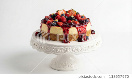 Decadent cheesecake topped with a glistening berry compote and fresh berries served on an ornate white cake stand a delicious cheesecake adorned with a rich berry topping and whole berries homemade 138657970