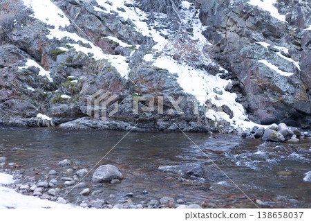Rocky river bank in winter mountains Rocky river bank in winter mountains 138658037