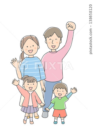 一家人抬頭仰望，臉上洋溢著笑容──一幅溫馨的家庭插畫 138658120