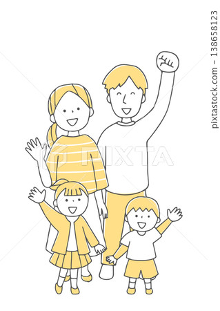 一家人抬頭仰望，臉上洋溢著笑容──一幅溫馨的家庭插畫（單色） 138658123
