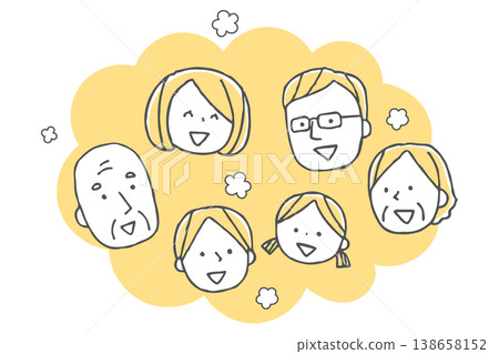 A monochrome icon of a smiling three-generation family. A monochrome icon of a smiling three-generation family. 138658152
