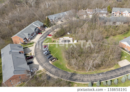 Top view of a suburban cul-de-sac with trees Top view of a suburban cul-de-sac with trees 138658191